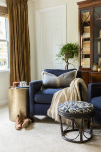 navy club chairs, china cabinet, brown drapes, Cate Holcombe Interiors