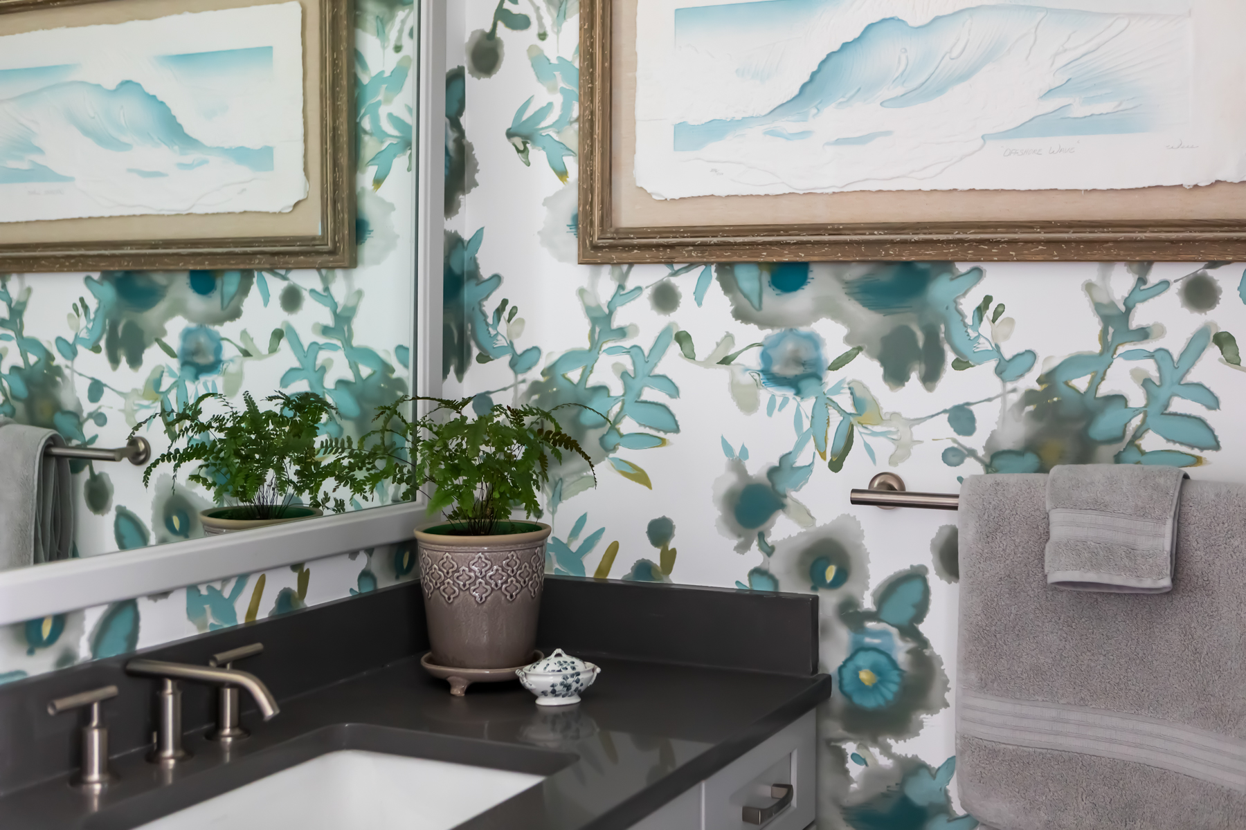 bathroom with green and blue floral wallpaper
