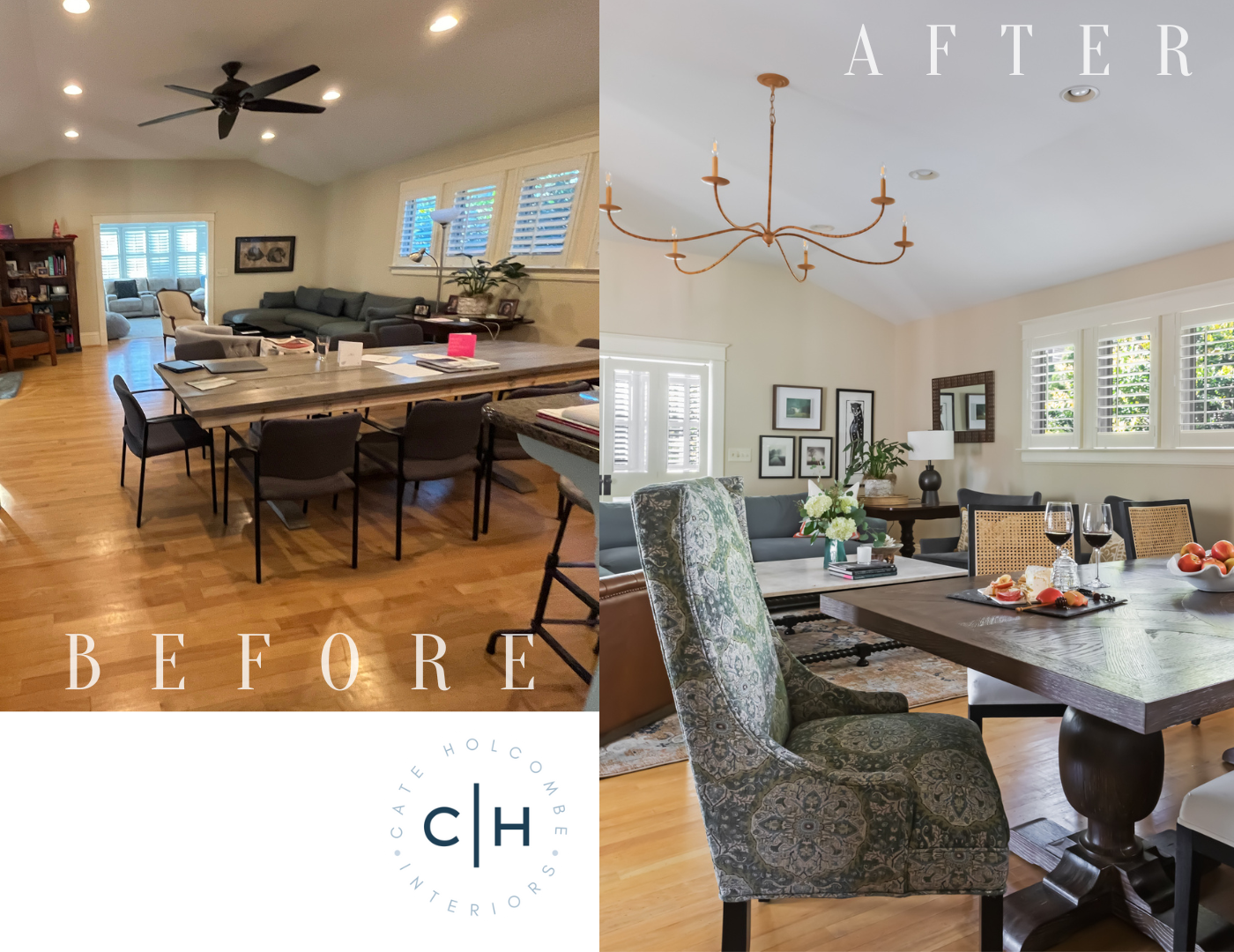 before and after open concept living and dining room
