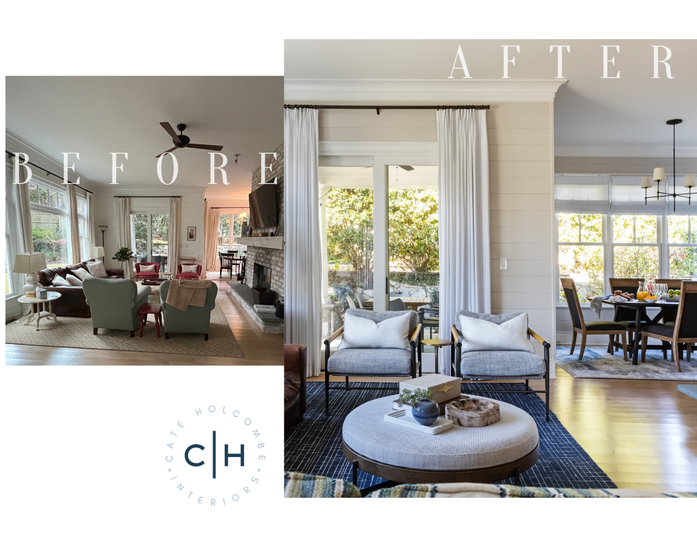 Before and After of a bright and airy living room and breakfast nook