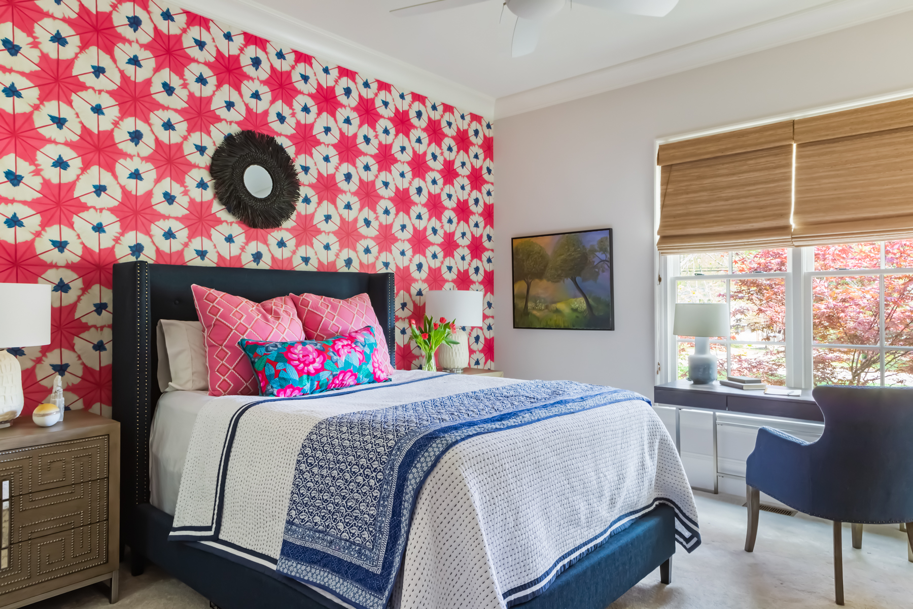 bold colors in guest room with workspace