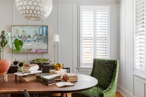 Gorgeous dining room with custom upholstered chairs and live edge dining table