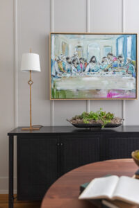 Dining room art, gold lamp detail, live edge dining table