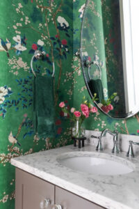 Gorgeous green wallpaper in powder room